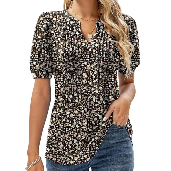 Women’s Floral V Neck Puff Short Sleeve Top Blouse - Picture 1 of 5
